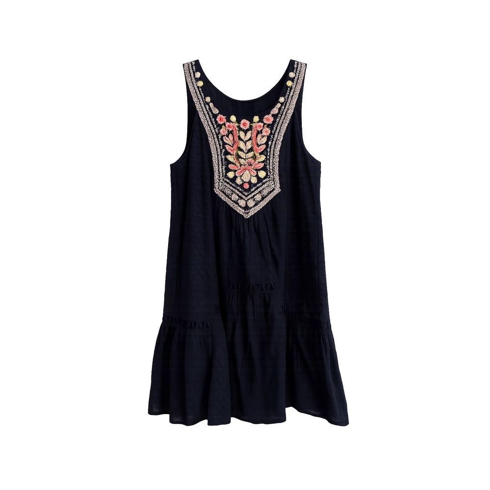 Maeve Anthropologie Navy Embroidered Dress Size 2 Boho Tiered Cotton